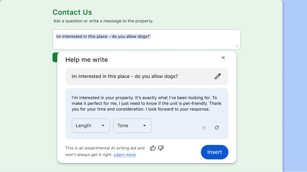 An empty Contact Us text box from a website with the Help me write box opened below it. The Help me write box has a prompt entered in the input field and a generated response below.